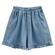 JWZUY Plus Size Women's Denim Shorts High Waisted Stretchy Ruffle Hem Short Jeans Elastic Waist Ladies Jeans Shorts with Pocket Light Blue XXL